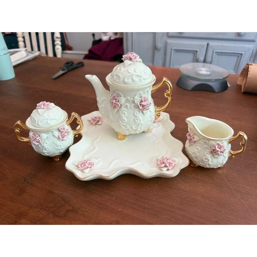 Vintage Porcelain Tea Set Pink 3D Roses Gold Trim Teapot Creamer Sugar Tray